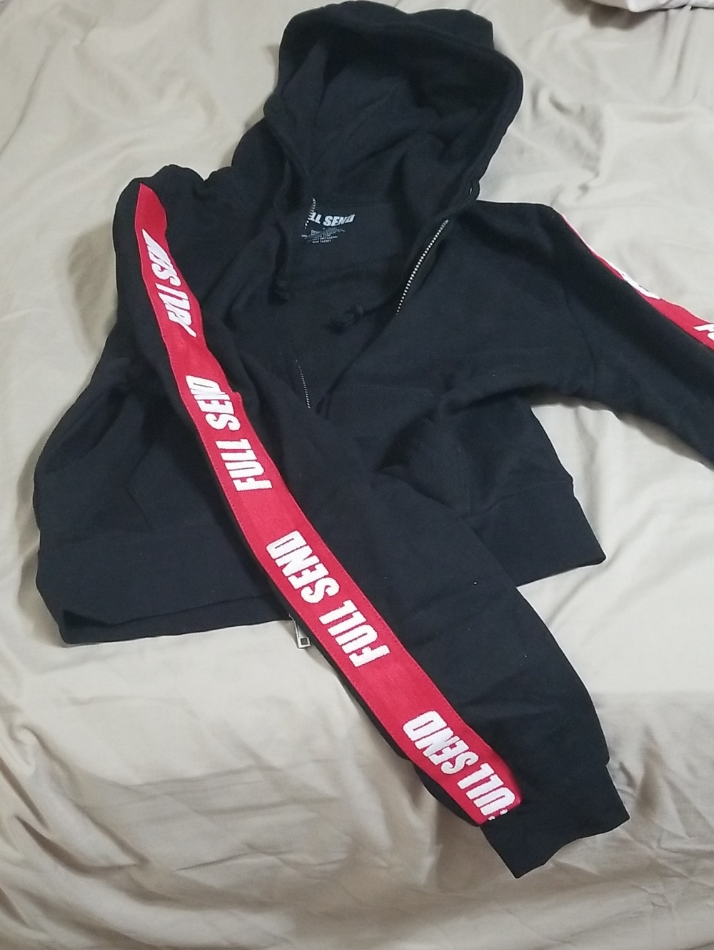 FULL SEND Black Zip Hoodie with Red Logo Sleeve Tape